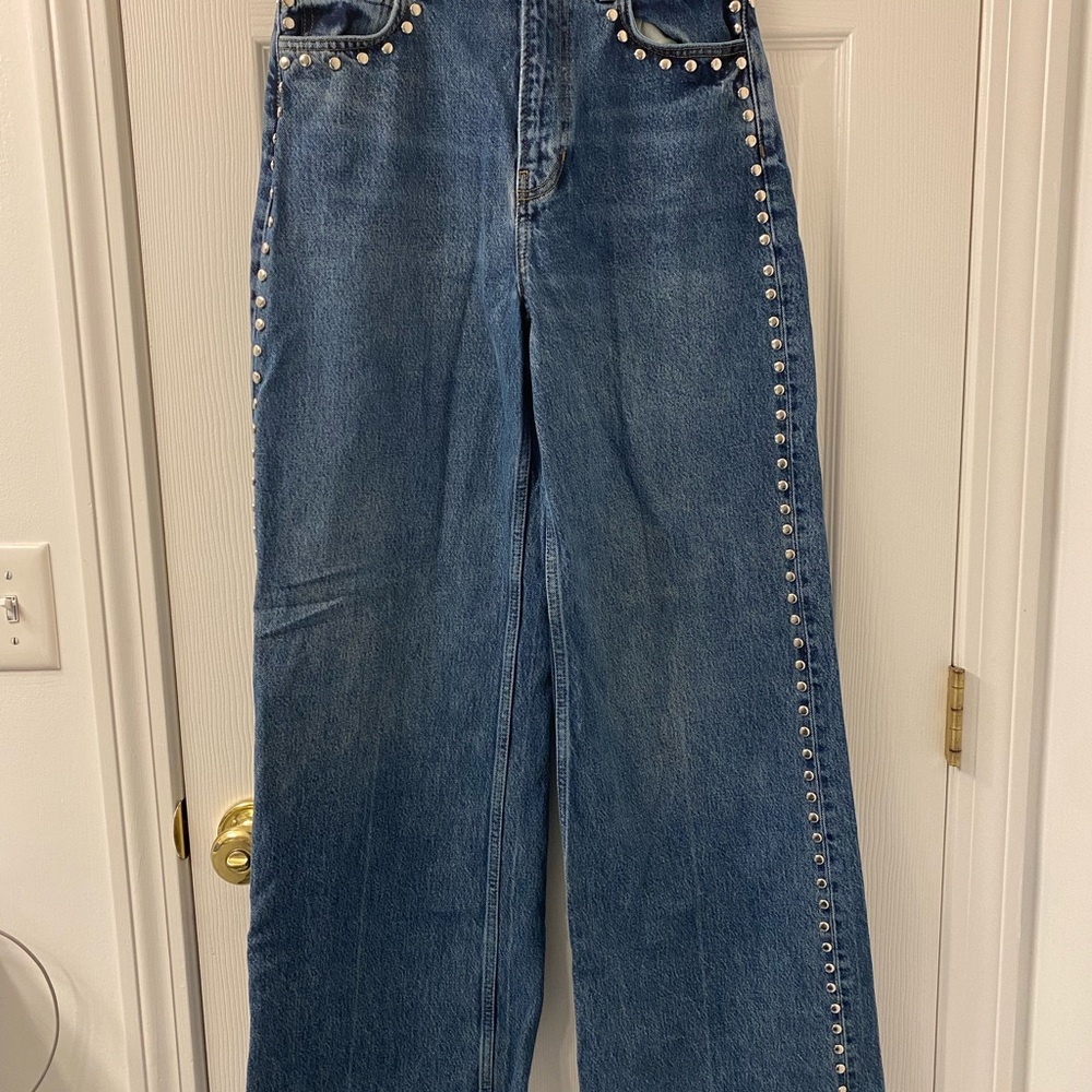 Reformation Blue Wide Leg Jeans with Stud Accents